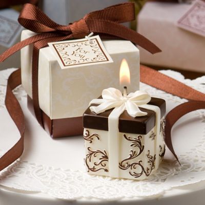 Gift Box Candle Favor - Ivory and Brown