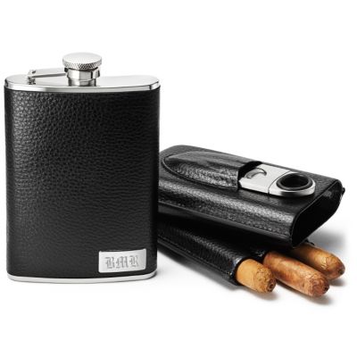 Black Leather Flask and Cigar Case Set